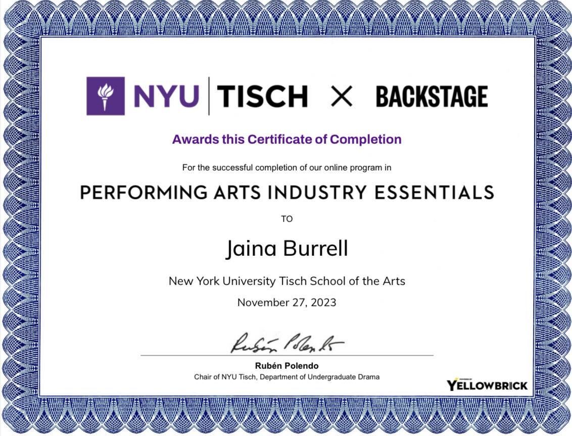 nyu certification performing arts essentials